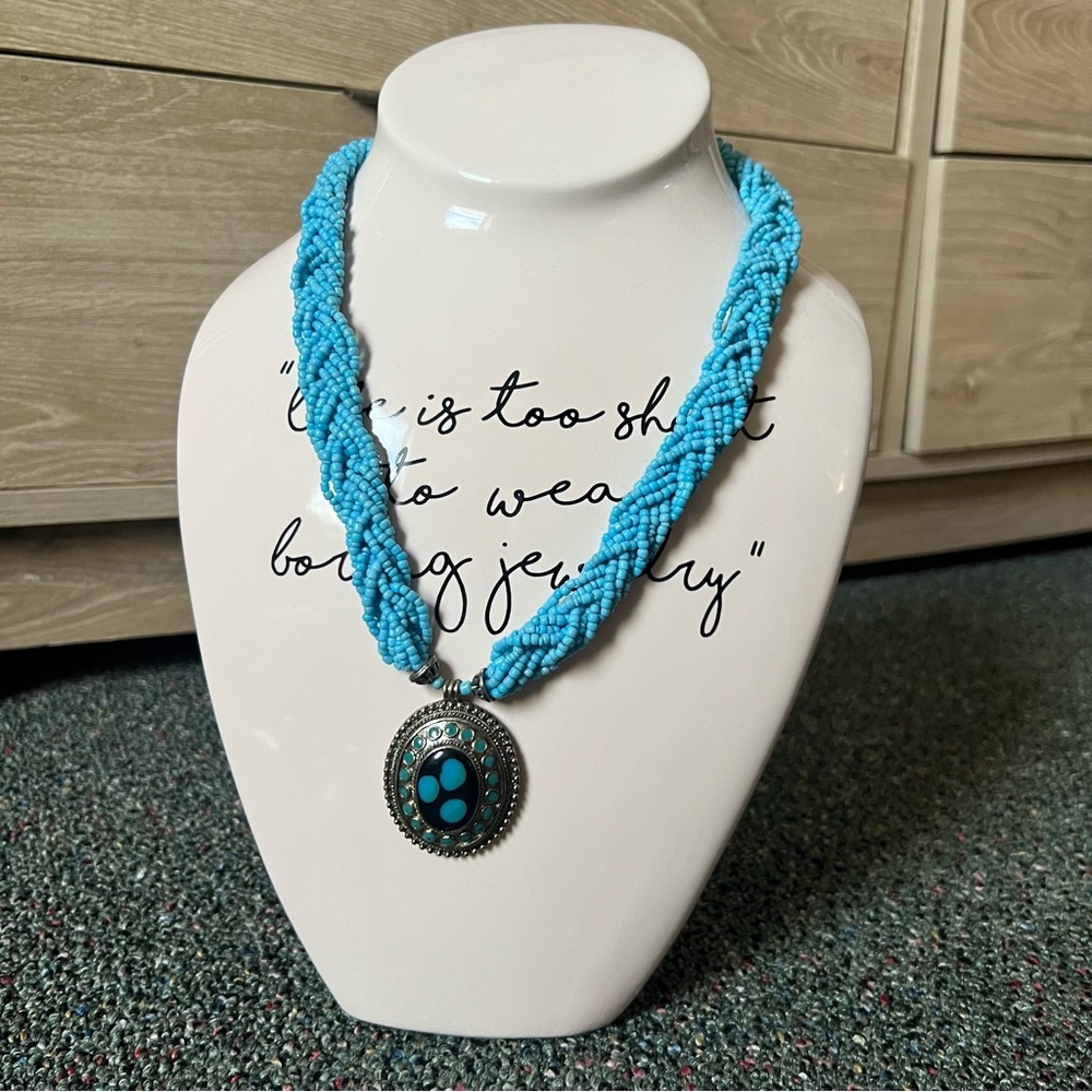 Turquoise Braided Beaded Statement Silver Oval Medallion Pendant Unique Necklace